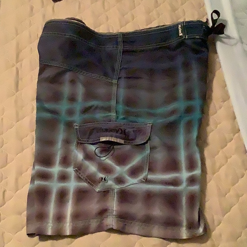 Hurley board shorts size 38W cool colors blues w/Velcro pocket draw tie